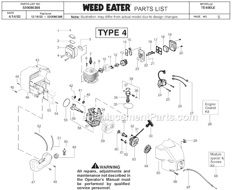 Page E Diagram and Parts List for TE400LE Type 4 Weed Eater Trimmer